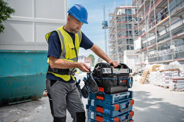 Bosch GWT 20 Werkzeugtasche – mit Schultergurt, mit Reissverschlusstaschen, 4 Fächer, schwarz/blau, Polyester
