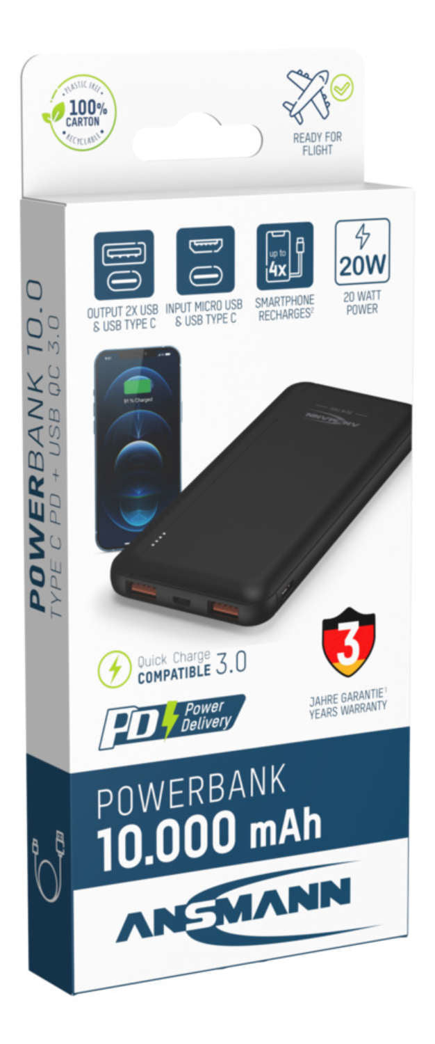 Ansmann PB320PD Powerbank 10'000 mAh – 20 W PD, 1× USB-C, 2× USB-A, schwarz
