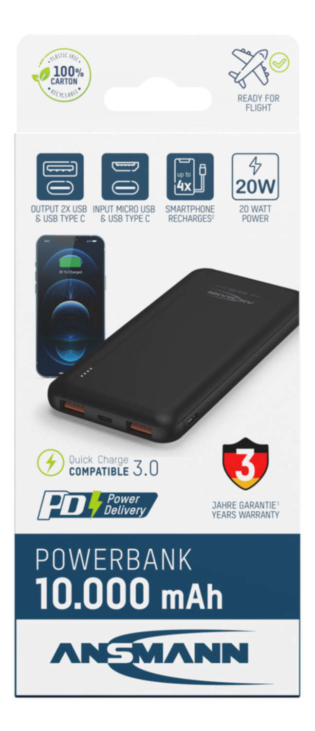 Ansmann PB320PD Powerbank 10'000 mAh – 20 W PD, 1× USB-C, 2× USB-A, schwarz