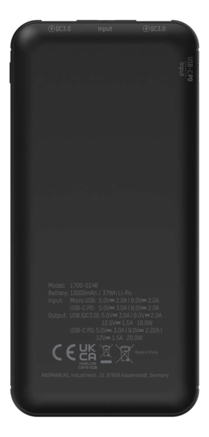 Ansmann PB320PD Powerbank 10'000 mAh – 20 W PD, 1× USB-C, 2× USB-A, schwarz