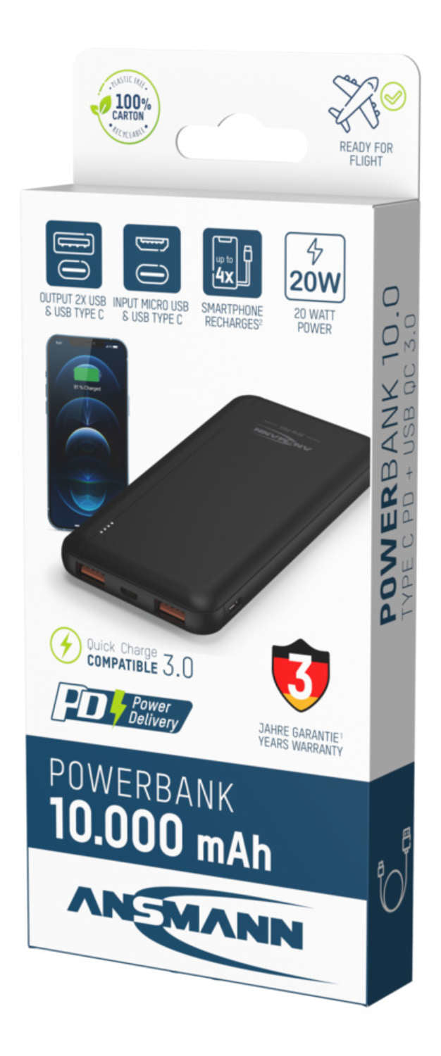 Ansmann PB320PD Powerbank 10'000 mAh – 20 W PD, 1× USB-C, 2× USB-A, schwarz