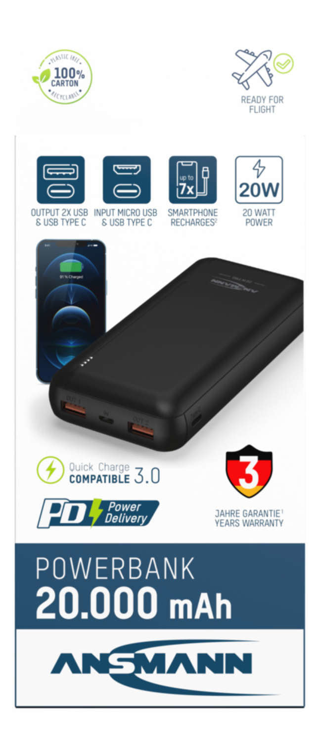 Ansmann PB320PD Powerbank 20'000 mAh – 20 W PD, 1× USB-C, 2× USB-A, schwarz