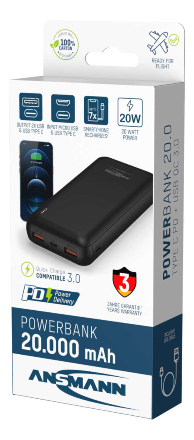 Ansmann PB320PD Powerbank 20'000 mAh – 20 W PD, 1× USB-C, 2× USB-A, schwarz