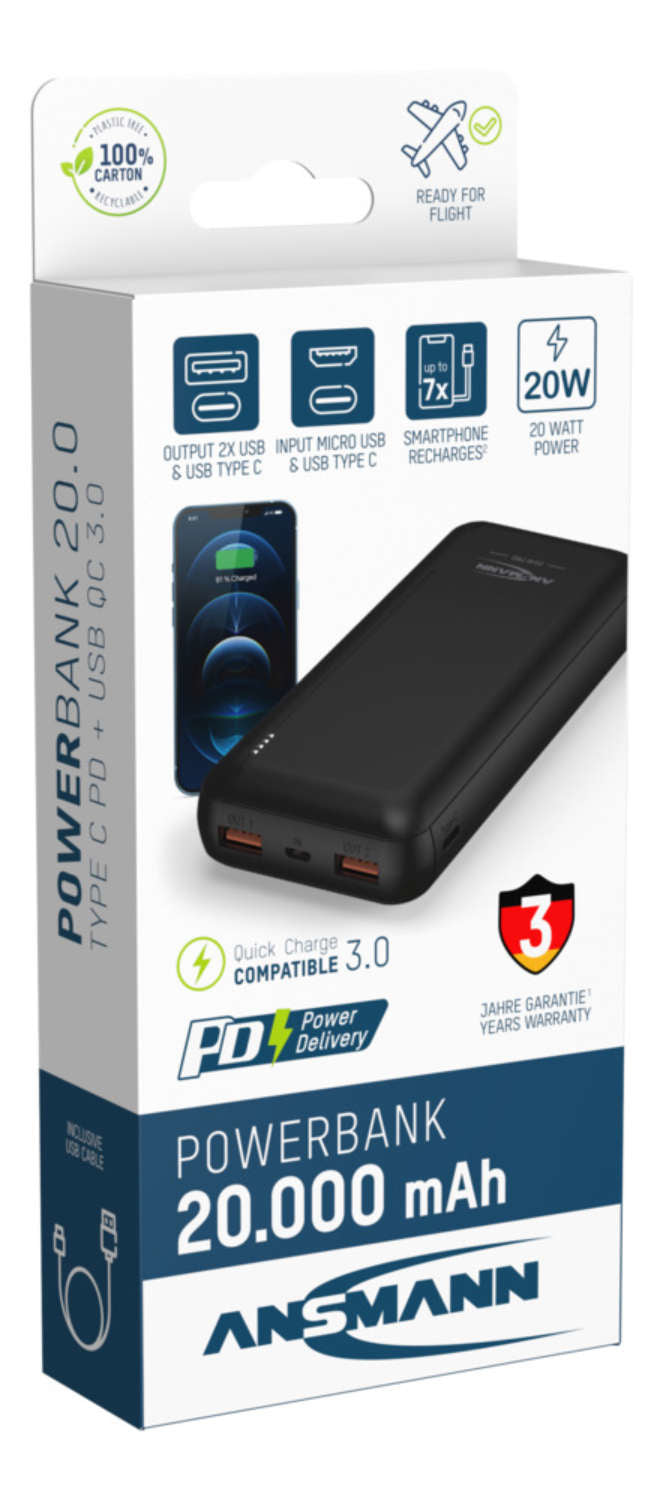 Ansmann PB320PD Powerbank 20'000 mAh – 20 W PD, 1× USB-C, 2× USB-A, schwarz