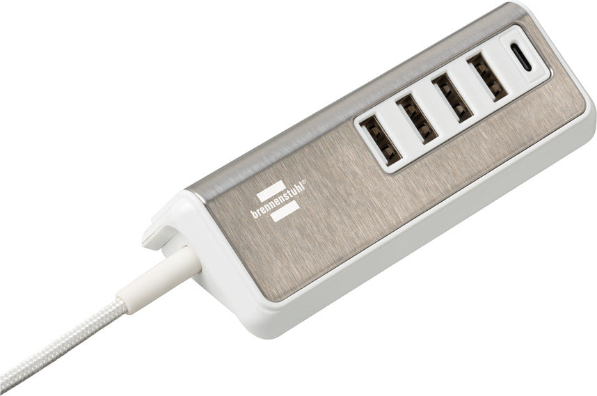 Brennenstuhl 1508230 USB-Desktop-Ladegerät 20 W – USB-C×1, USB-A×4 – PD – 1,5 m Textilkabel, Weiss