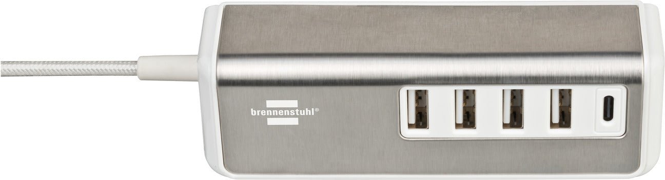 Brennenstuhl 1508230 USB-Desktop-Ladegerät 20 W – USB-C×1, USB-A×4 – PD – 1,5 m Textilkabel, Weiss