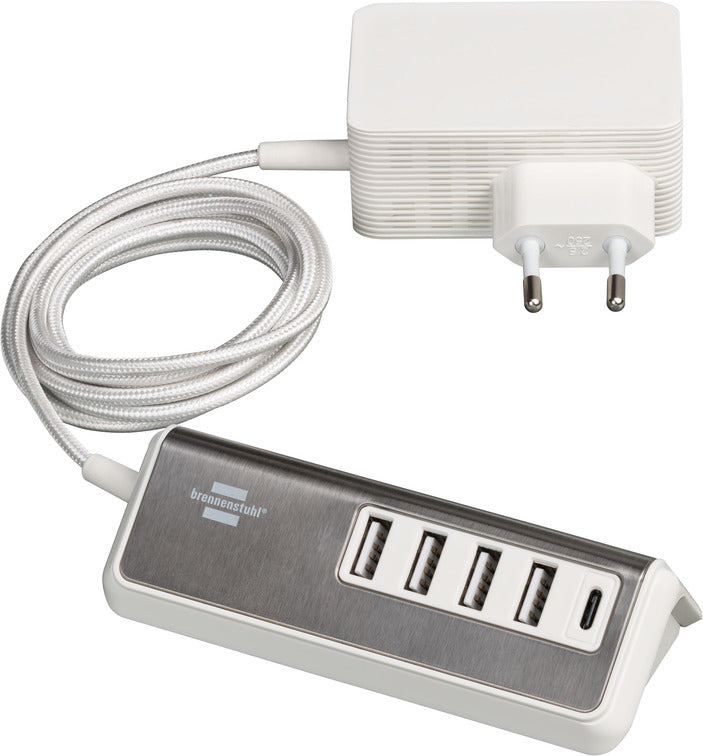 Brennenstuhl 1508230 USB-Desktop-Ladegerät 20 W – USB-C×1, USB-A×4 – PD – 1,5 m Textilkabel, Weiss