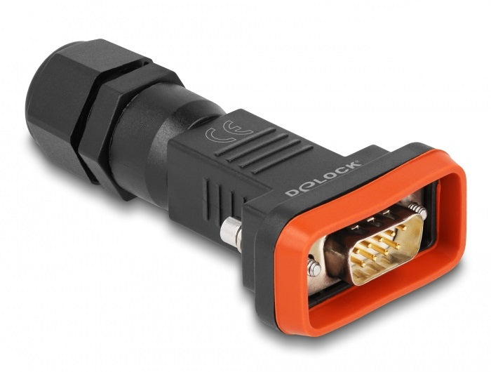 DeLOCK Seriell-Adapter DB9 (RS-232) zu 9 Lötpins – IP67, Polyamid, gerade, 80 × 41 × 22 mm, Schwarz/Orange