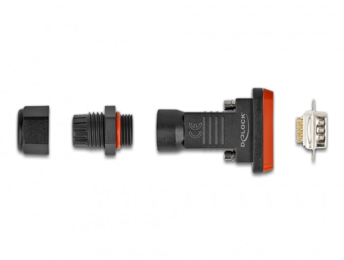 DeLOCK Seriell-Adapter DB9 (RS-232) zu 9 Lötpins – IP67, Polyamid, gerade, 80 × 41 × 22 mm, Schwarz/Orange