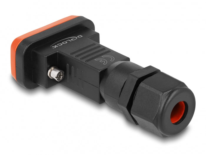 DeLOCK Seriell-Adapter DB9 (RS-232) zu 9 Lötpins – IP67, Polyamid, gerade, 80 × 41 × 22 mm, Schwarz/Orange