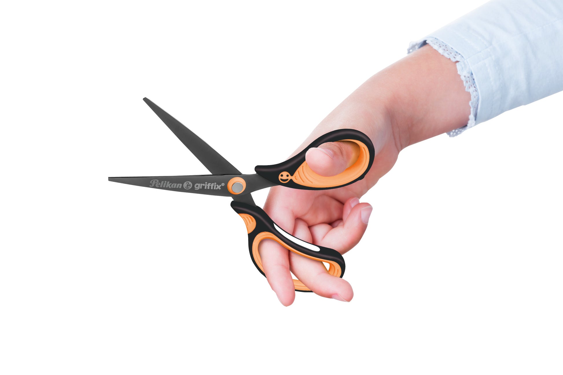 Pelikan Griffix Kinderschere – Titannitrid-beschichtet, ergonomischer Griff, mit Namensschild, Schwarz/Orange