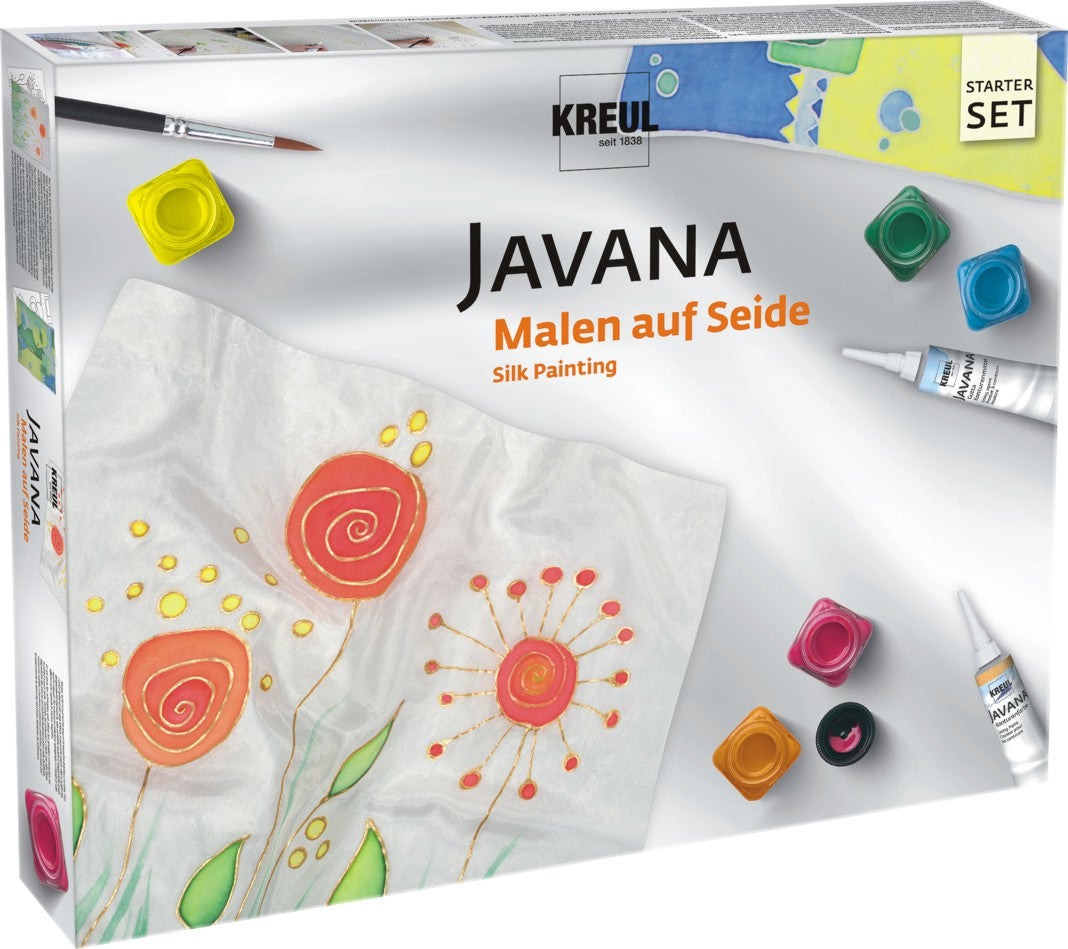 KREUL JAVANA Seidenmalkasten Textilfarbe – 5 Farben (5×20 ml), Kontur Gold 20 ml – 2 Seidenzuschnitte