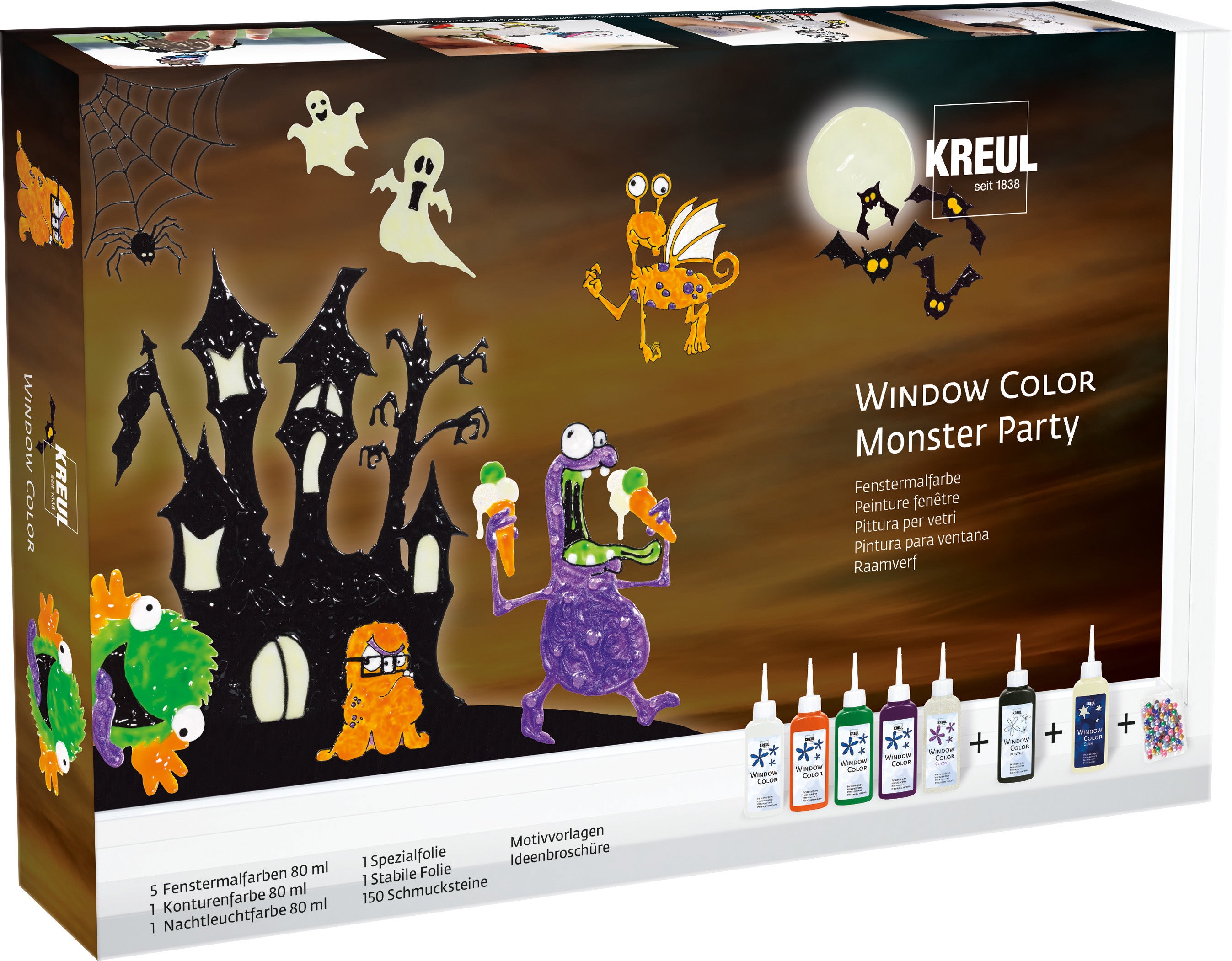 KREUL Window-Color-Set Monster Party – 7 × 80 ml + 150 Schmucksteine – mit Nachtleuchtfarbe