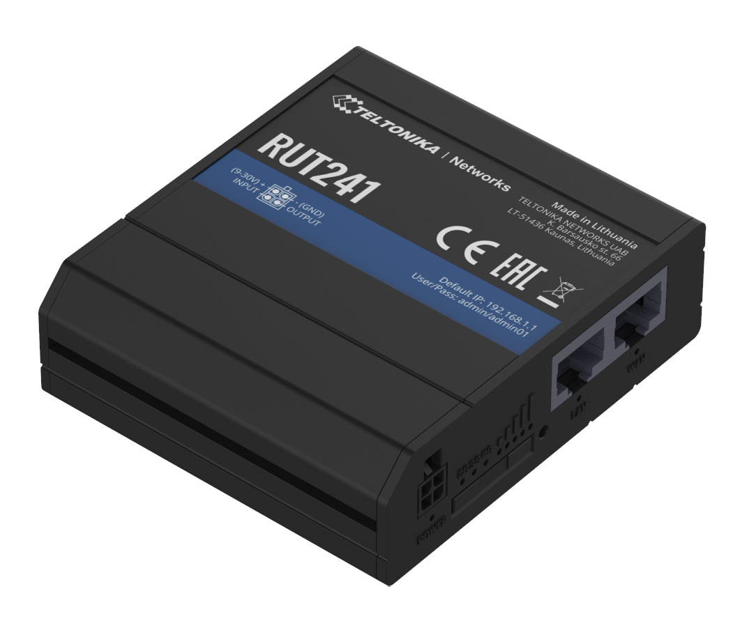 Teltonika RUT241 WLAN-Router – 4G LTE (Kat 4), Wi-Fi 4 (802.11n), 2× 10/100 Mbit/s, DIN-Schiene, RMS, schwarz