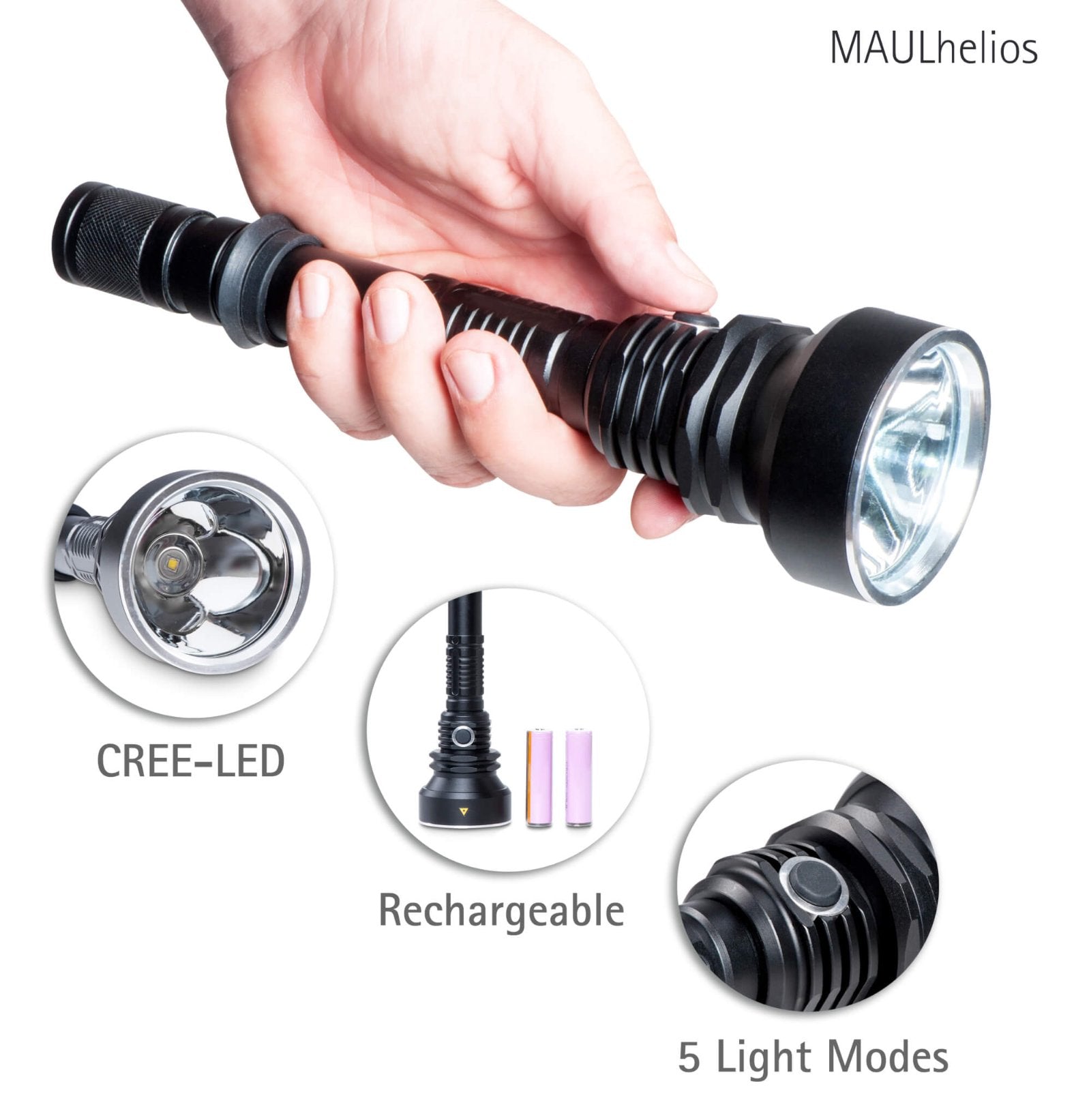 MAUL Taschenlampe Helios 8187790 – 700 lm, 300 m, IPX4, Akku 2×18650, 2300 mAh, 5 Modi – Schwarz