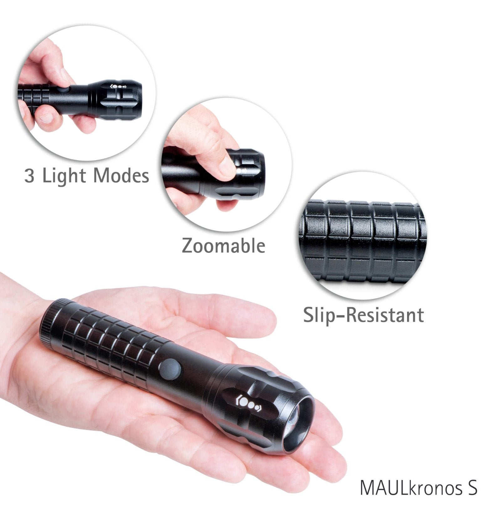 MAUL Taschenlampe MAULkronos S 8182390 – 192 lm, 196 m, IPX4, 3× AAA 1200 mAh, 3 Stufen – Schwarz