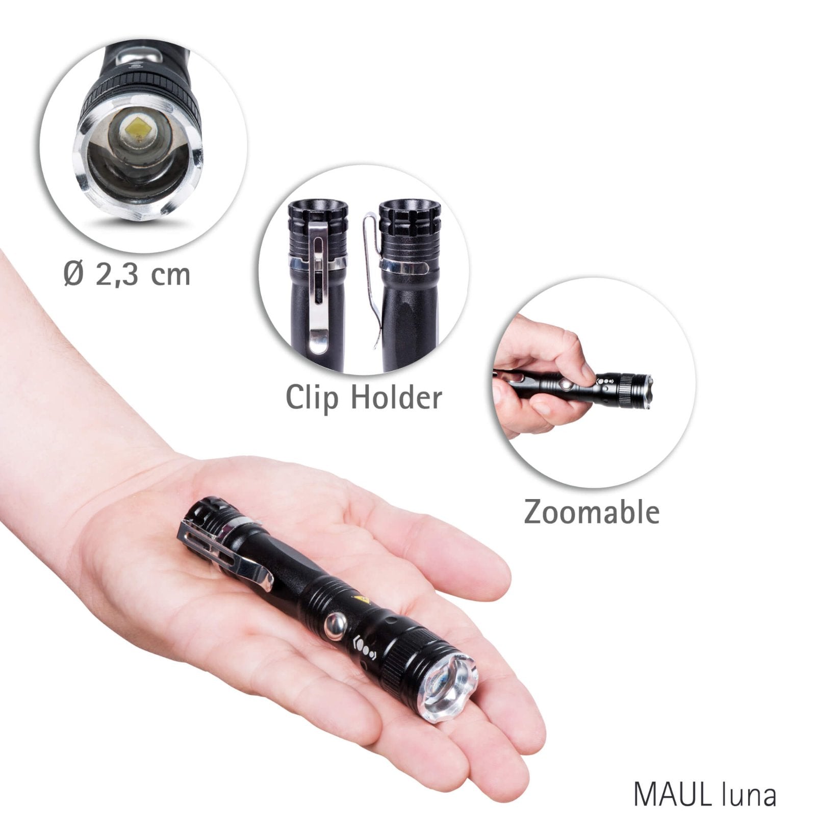 MAUL Taschenlampe MAULluna – 39 lm, 71 m Reichweite, 17 cm, inkl. 2×1,5 V AA, 2300 mAh – Schwarz