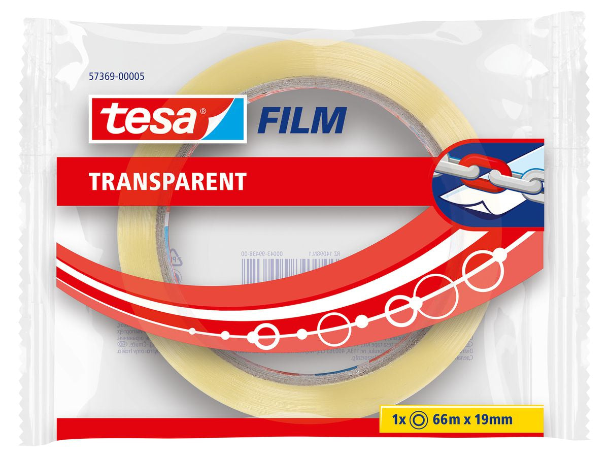TESA Büro-Klebeband – permanent, klar, Kunststoff, 19 mm × 66 m, Kern Ø 76 mm