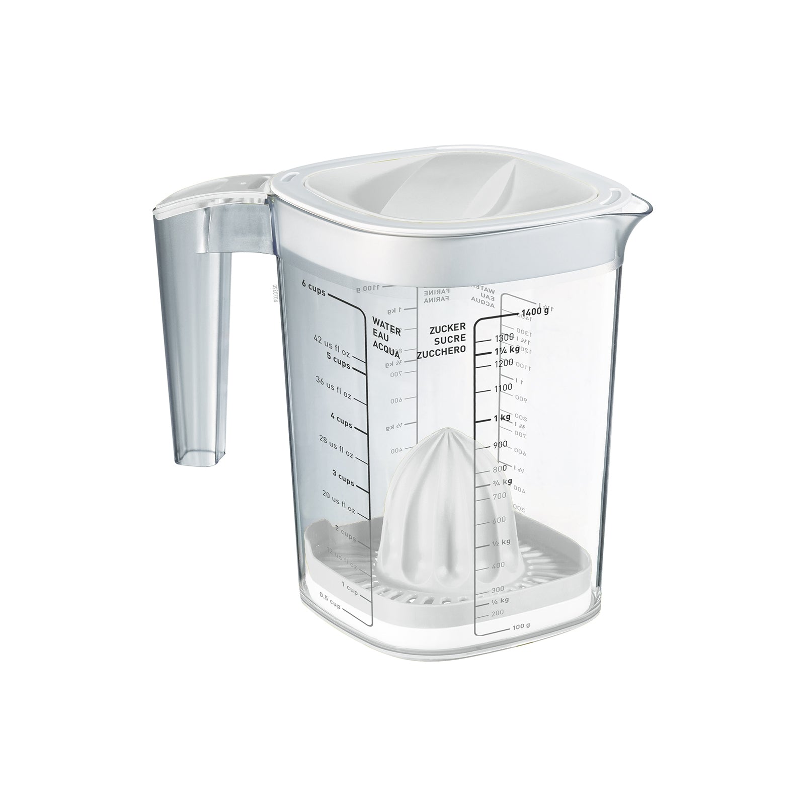 Rotho Messbecher Loft – 1,5 l – mit Deckel, Presse & Reibe – Kunststoff – Weiss