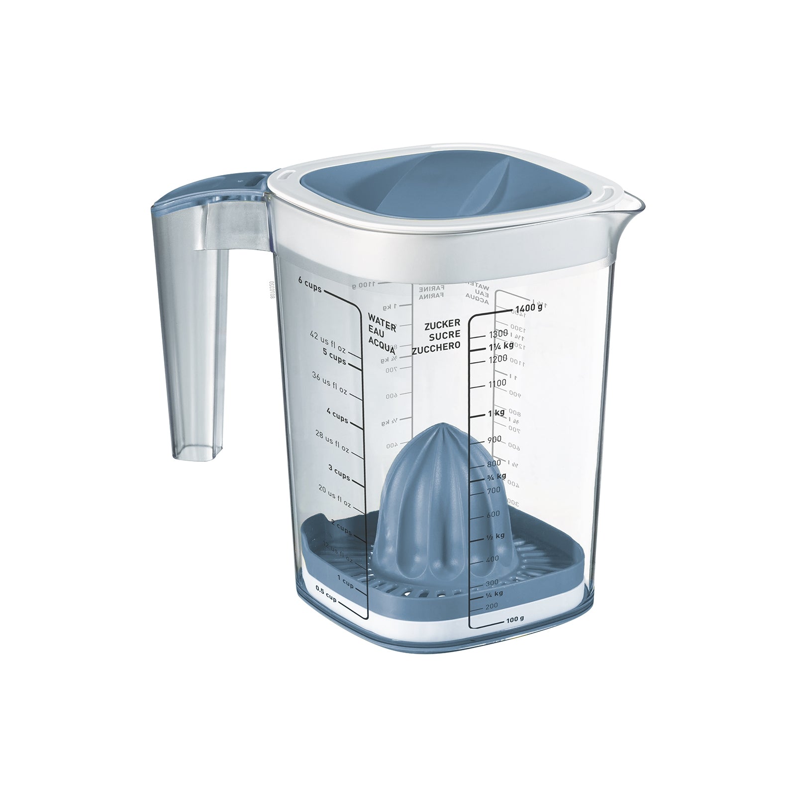 Rotho Messbecher Loft – 1,5 l – mit Deckel & Reibe – Kunststoff – Blau – 19,8 × 17,8 × 12,7 cm