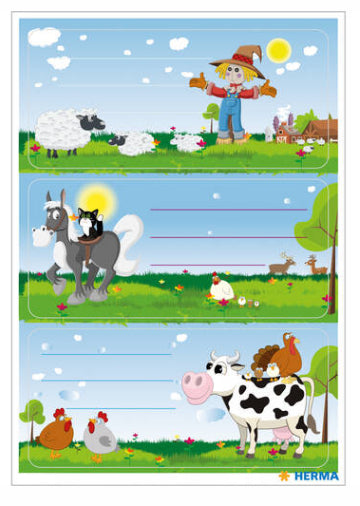 HERMA Vario Schuletiketten – Motiv Kleine Farm – 35 × 76 mm, Abgerundete Ecken, 9 Stück, 3 Bögen, Papier