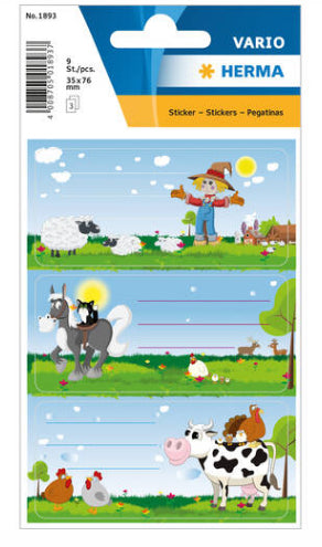 HERMA Vario Schuletiketten – Motiv Kleine Farm – 35 × 76 mm, Abgerundete Ecken, 9 Stück, 3 Bögen, Papier