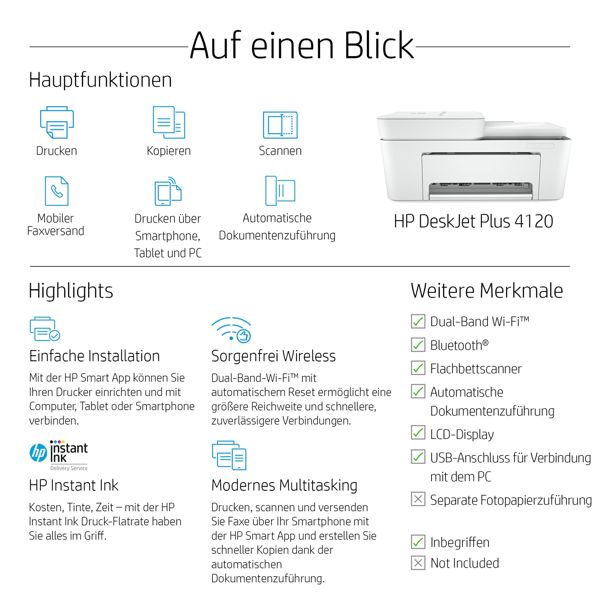 HP DeskJet Plus 4120 – Farbtintenstrahl-Multifunktionsdrucker, A4, 4-in-1, Duplex, ADF, WLAN