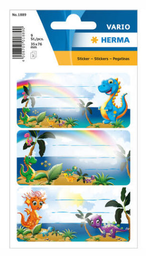 HERMA Vario Schuletiketten – Motiv Dinos – 35 × 76 mm, Abgerundete Ecken, 9 Stück, 3 Bögen, Papier