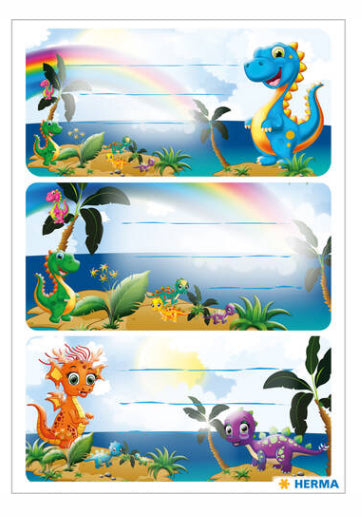 HERMA Vario Schuletiketten – Motiv Dinos – 35 × 76 mm, Abgerundete Ecken, 9 Stück, 3 Bögen, Papier
