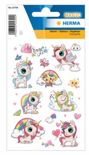 HERMA Magic Schmucketiketten – Motiv Verzaubertes Einhorn – Folie, Transpuffy, 16 Stk, 1 Bogen