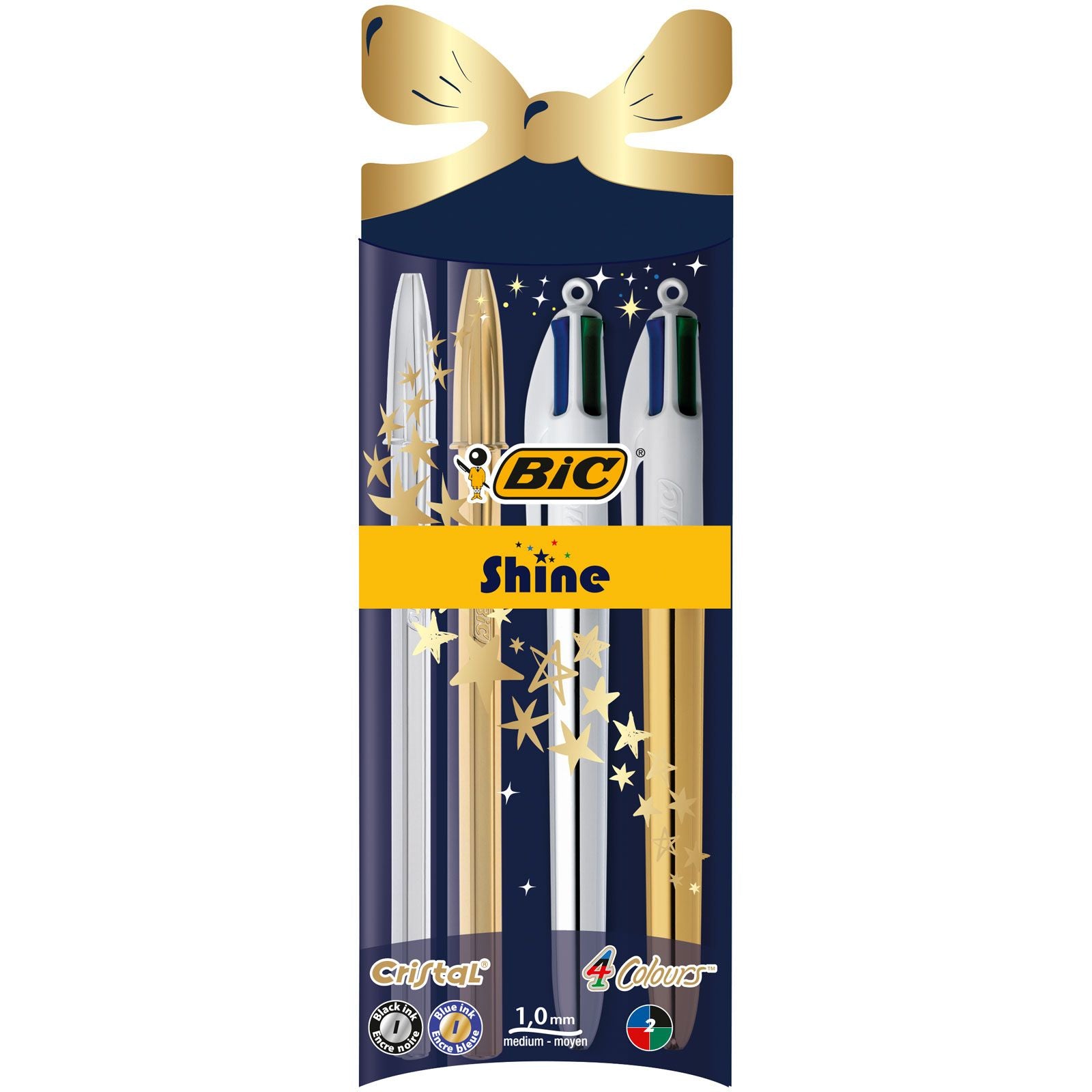 BIC Shine Kugelschreiber – 4er Set, sortierte Farben, Spitze 1 mm, Druck