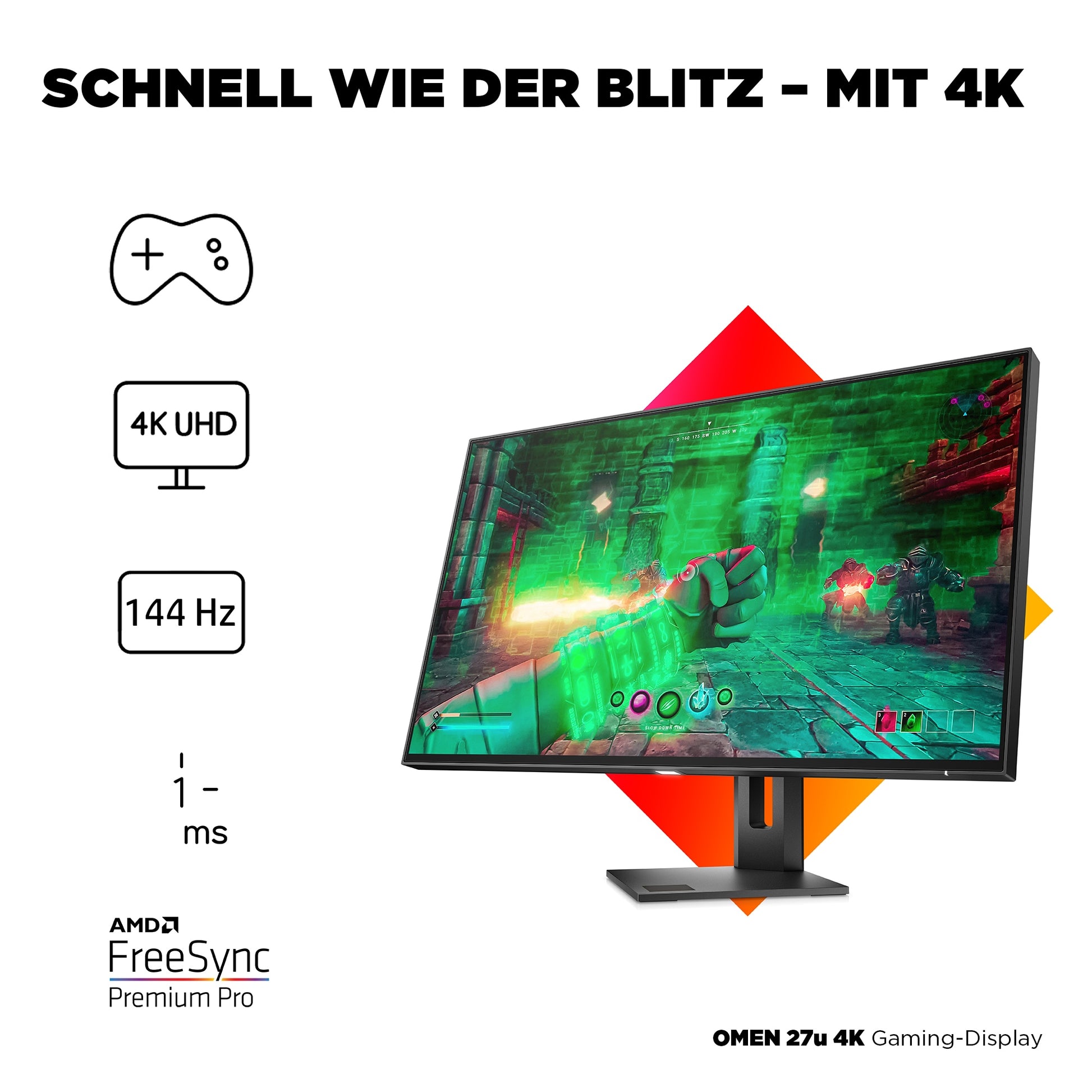 HP Omen 27U – Monitor, 27" 4K UHD (3840 × 2160), IPS, 144 Hz, HDR, Grau