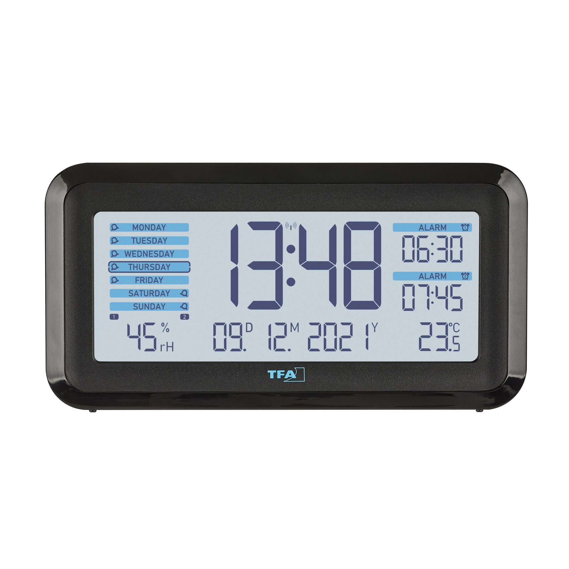TFA-Dostmann TFA Dostmann Digitalwecker – Funk, Schlummerfunktion, Thermometer/Hygrometer, 13,8 × 7,2 × 5,2 cm, Schwarz