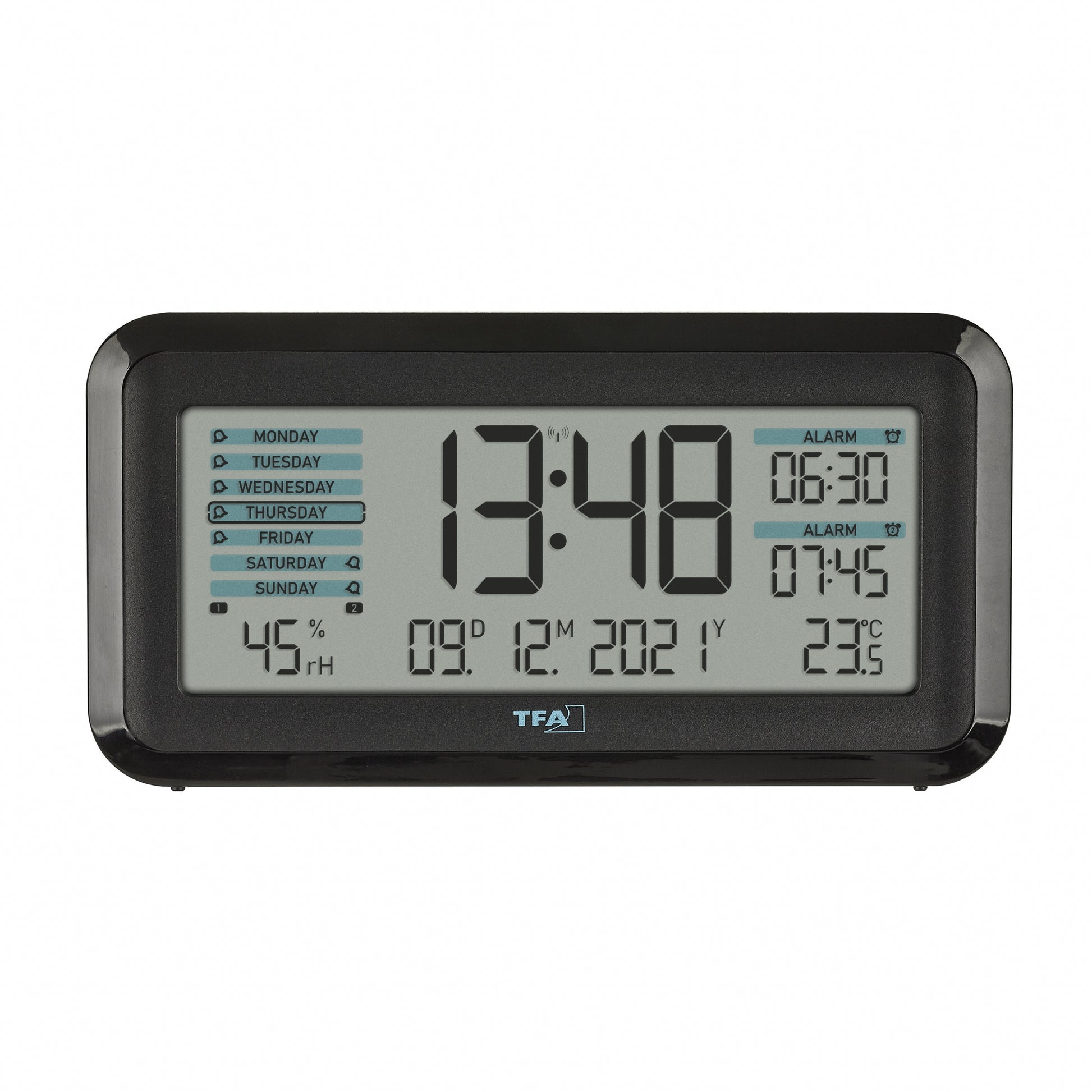 TFA-Dostmann TFA Dostmann Digitalwecker – Funk, Schlummerfunktion, Thermometer/Hygrometer, 13,8 × 7,2 × 5,2 cm, Schwarz