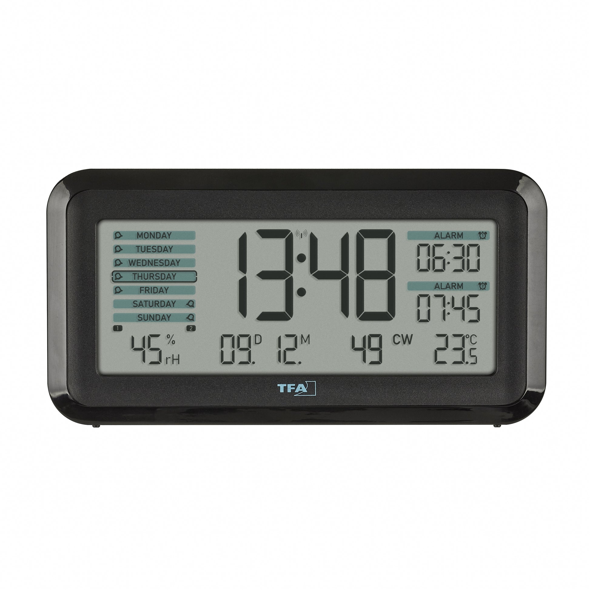 TFA-Dostmann TFA Dostmann Digitalwecker – Funk, Schlummerfunktion, Thermometer/Hygrometer, 13,8 × 7,2 × 5,2 cm, Schwarz