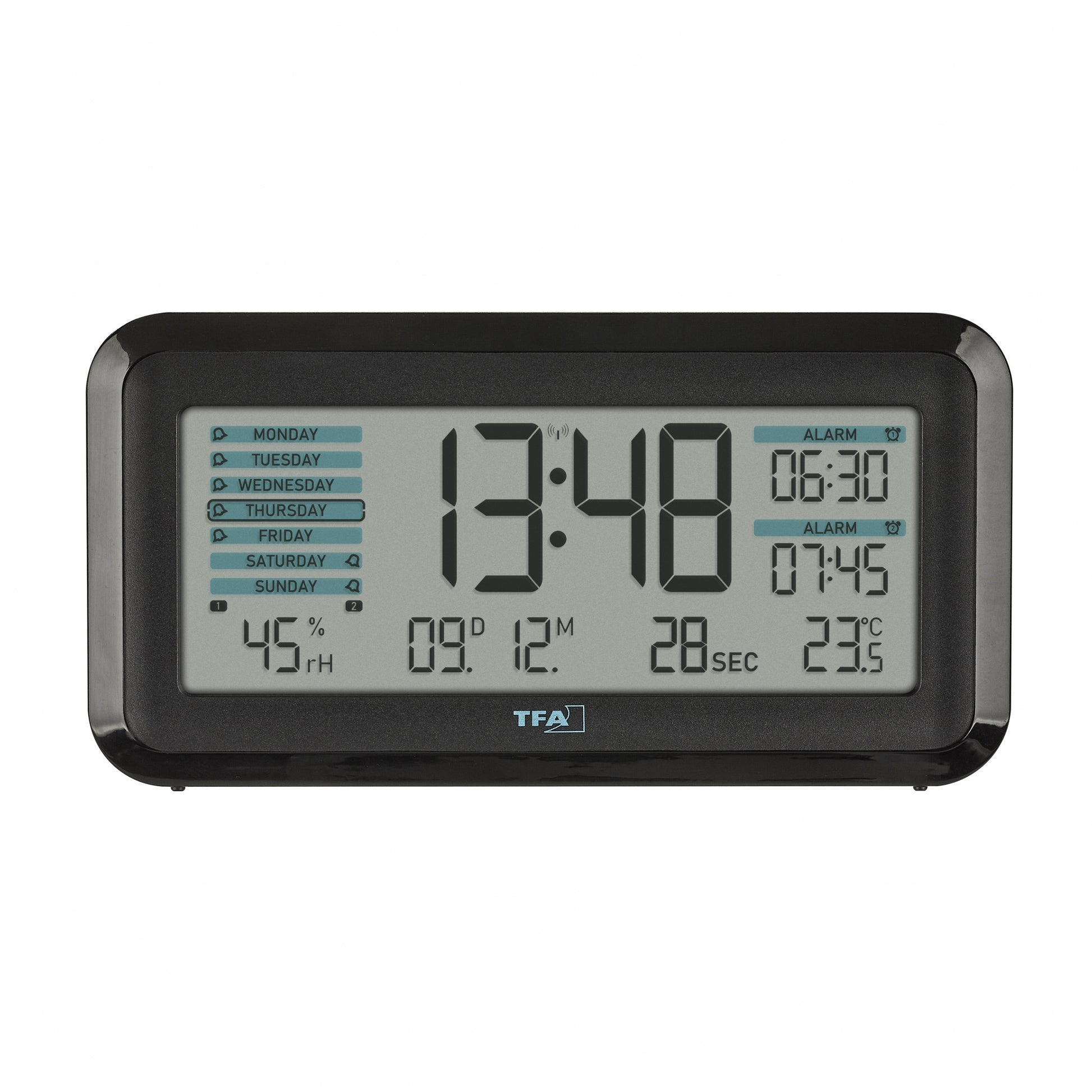TFA-Dostmann TFA Dostmann Digitalwecker – Funk, Schlummerfunktion, Thermometer/Hygrometer, 13,8 × 7,2 × 5,2 cm, Schwarz