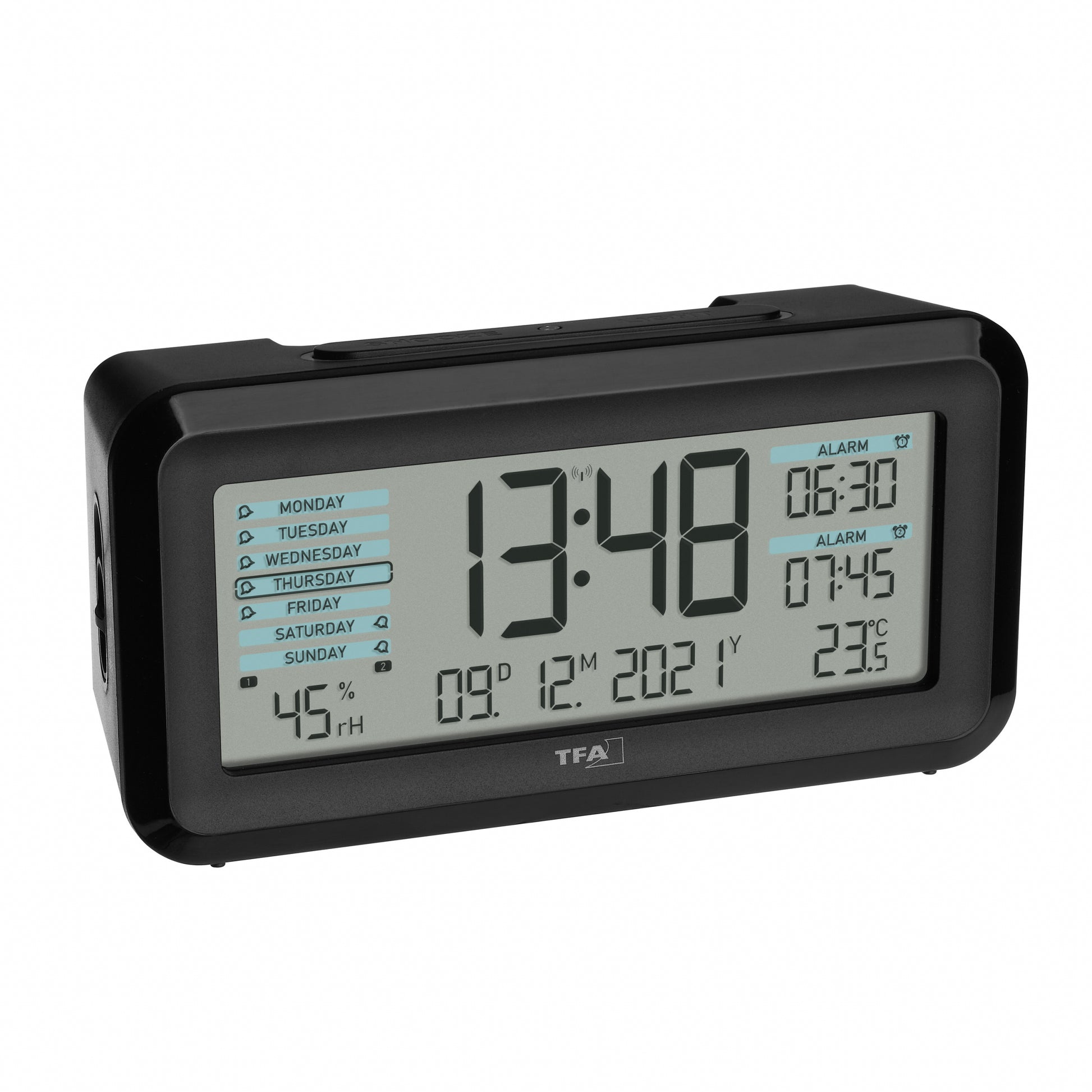 TFA-Dostmann TFA Dostmann Digitalwecker – Funk, Schlummerfunktion, Thermometer/Hygrometer, 13,8 × 7,2 × 5,2 cm, Schwarz
