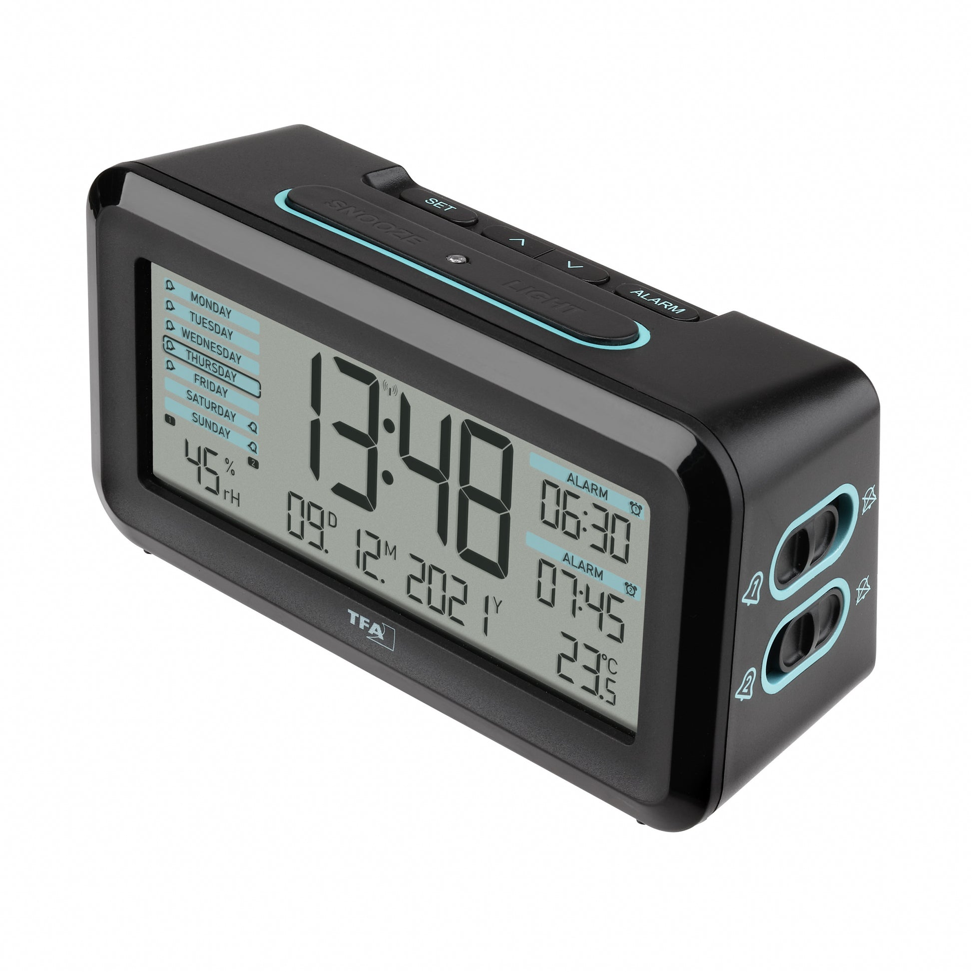 TFA-Dostmann TFA Dostmann Digitalwecker – Funk, Schlummerfunktion, Thermometer/Hygrometer, 13,8 × 7,2 × 5,2 cm, Schwarz