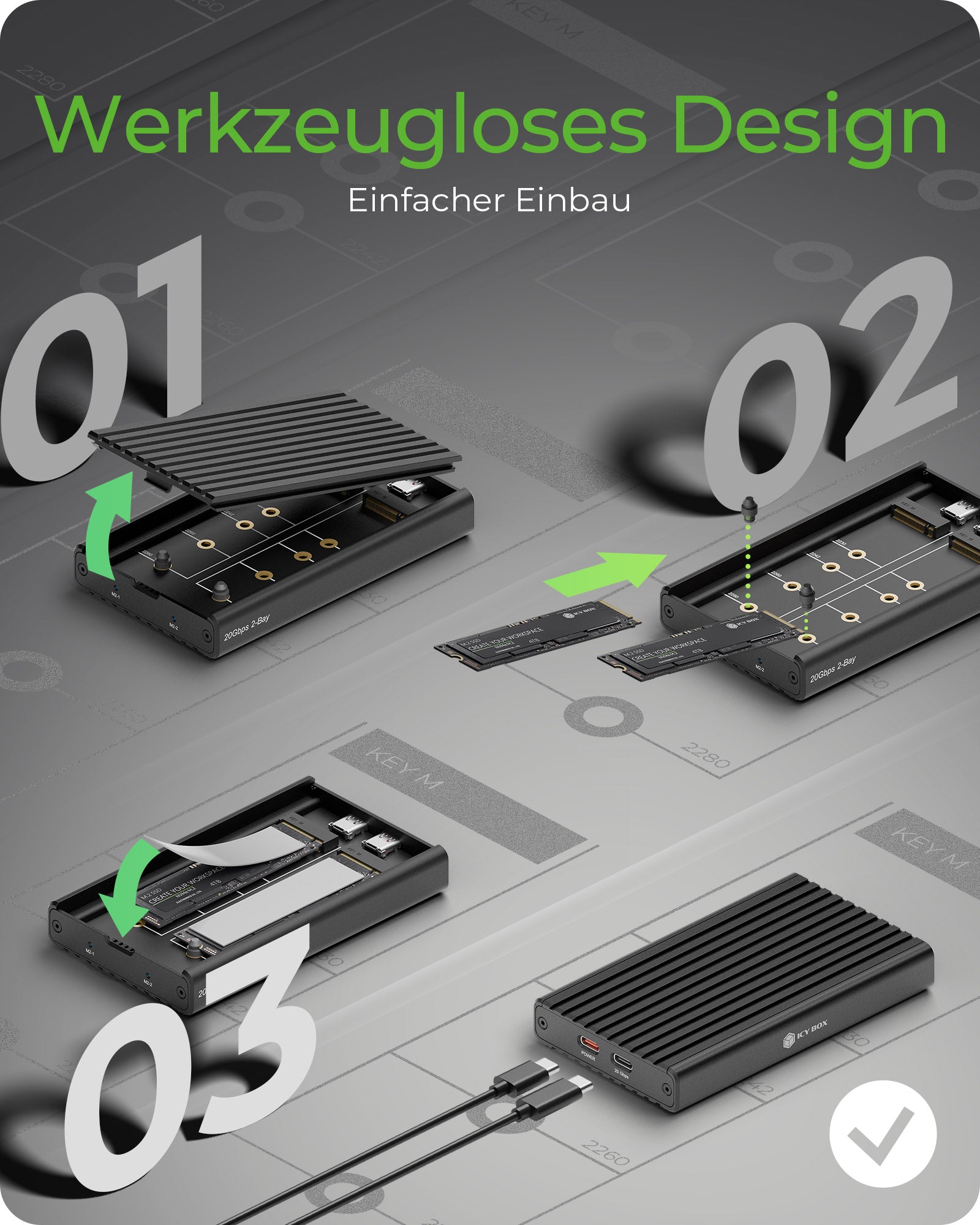 ICY BOX IB-2817M-C32 – 2-Bay Desktop SSD-Gehäuse – für M.2 22×30/42/60/80 mm, NVMe, PCIe 3.0