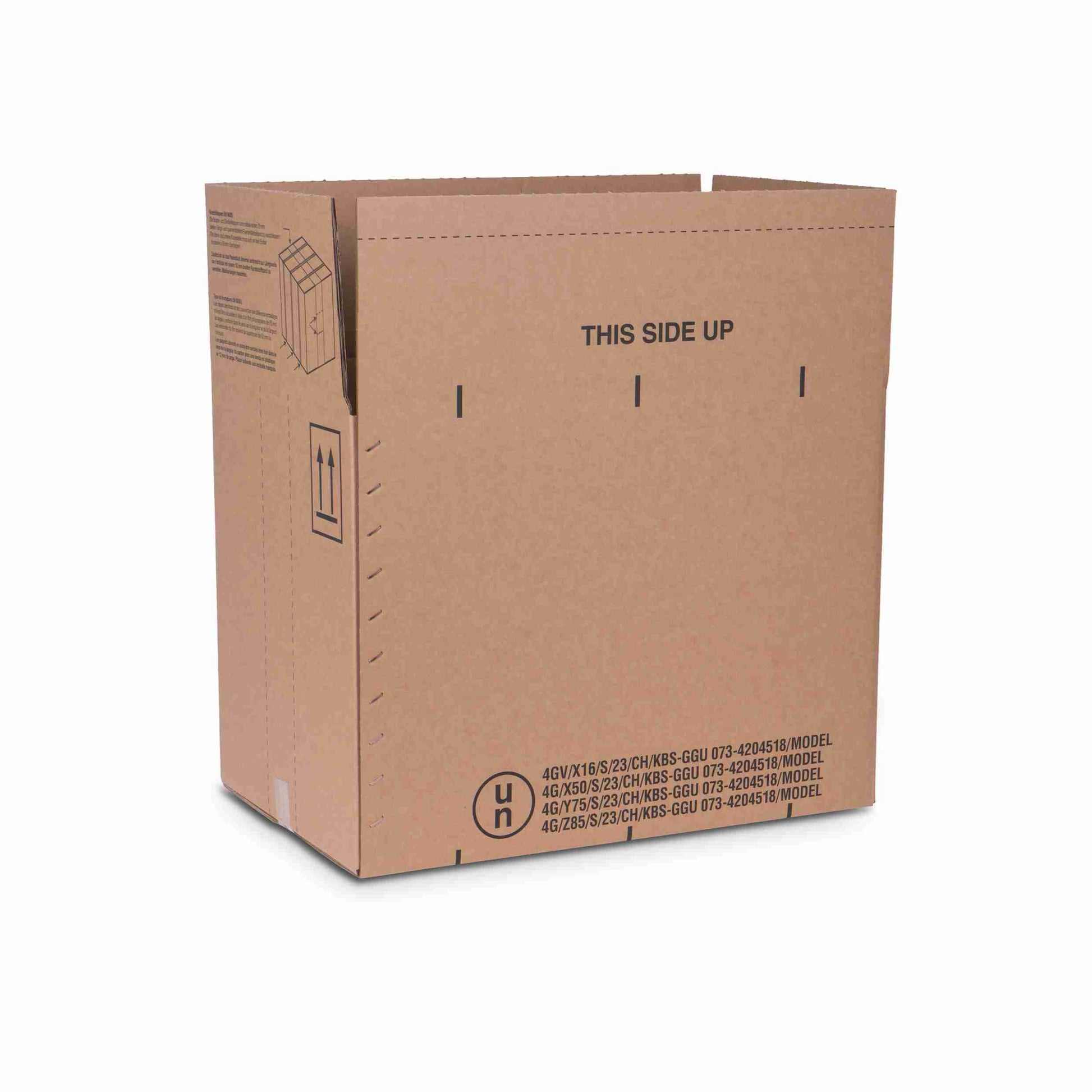 Model Gefahrgutbox – für UN90/85 – 570 × 370 × 430 mm, braun, Wellkarton, selbstklebend – 1 Palette (120 Stk.)