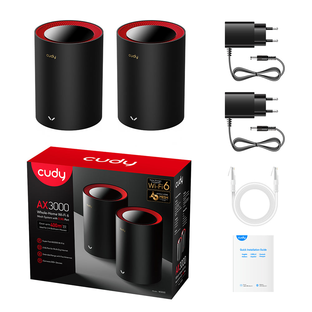 Cudy M3000 Mesh-Set (2er) – Wi-Fi 6 (AX3000), Dual-Band (2,4/5 GHz), 2,5GbE WAN + 1× 1G LAN je Node, weiss