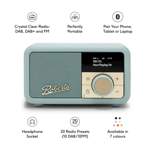 Roberts Radio Revival Petite 2 – DAB-/Internetradio – Portabel – DAB+, FM, Bluetooth, Akkubetrieb – Blaugrau