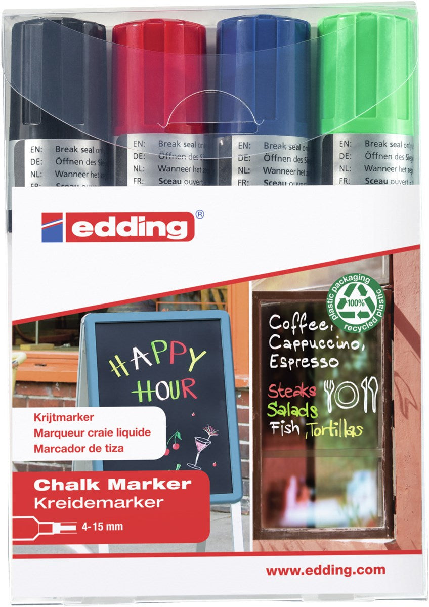 Edding Kreidemarker 4090 – Keilspitze, 4–15 mm – 4er-Set, Farben sortiert (schwarz, blau, rot, ...)