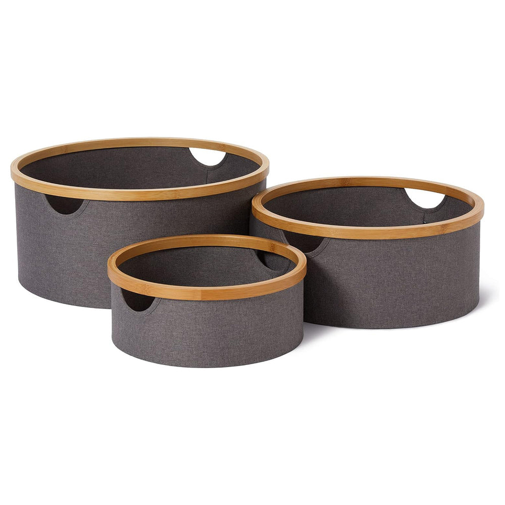 Lumaland Aufbewahrungsbox Set 3 Stk. – Bambus/Polyester – Taupe – Ø 450/380/300 × H 200/160/120 mm