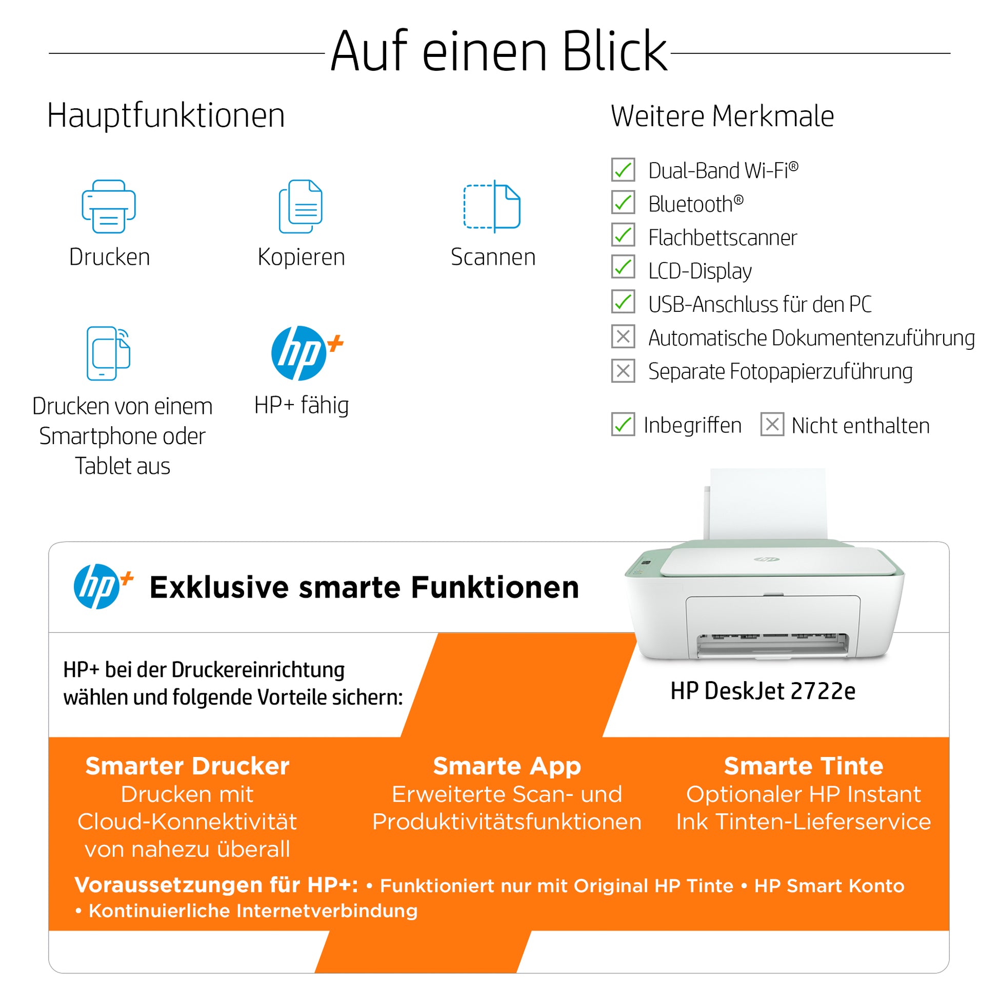 HP DeskJet 2722e 6-Farbtintenstrahl-Multifunktionsdrucker, A4, 3-in-1, Duplex, WLAN, AirPrint, Mopria