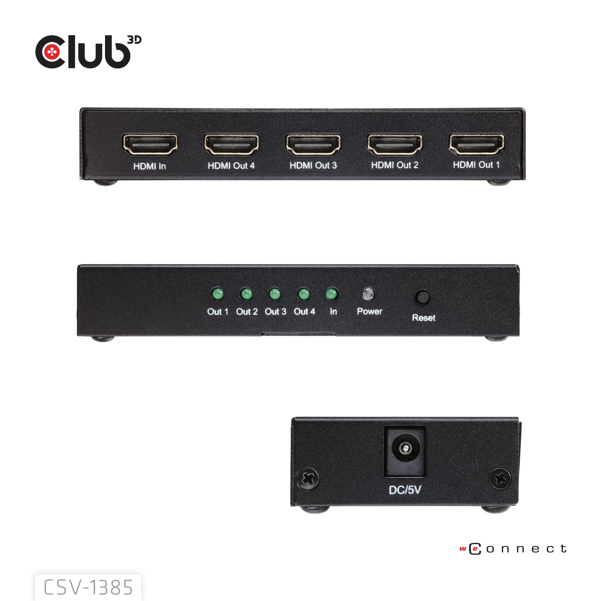 CLUB3D HDMI Splitter 1 zu 4 – 4× HDMI, 4K (3840 × 2160) – Passiv, HDCP 1.4/2.2 – Schwarz