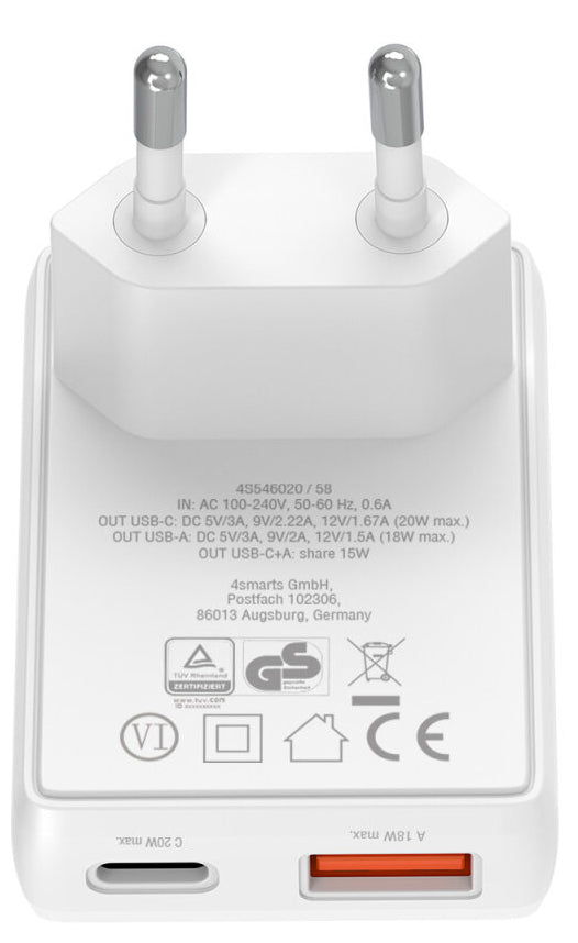 4smarts FlatPlug Duos USB-Ladegerät 20 W – USB-C×1, USB-A×1 – PD, QC 3.0, PPS, GaN – EU-Stecker (Typ C)