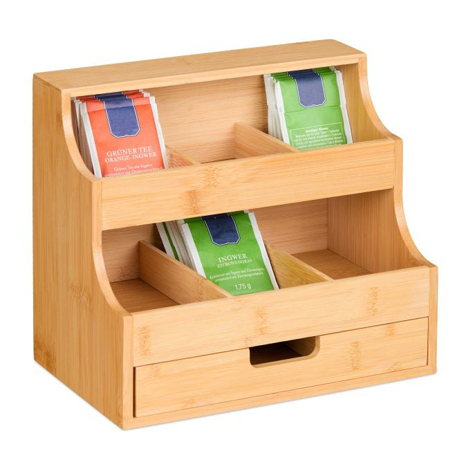 Relaxdays Teebeutelbox Bambus, 9 Fächer, Hellbraun