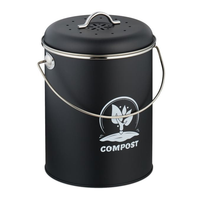 Relaxdays Komposteimer – 5,5 l – Eisen, rund – silber/schwarz – mit Filter
