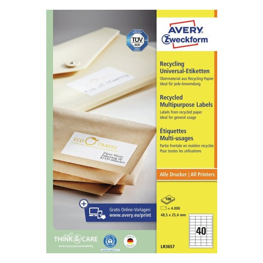 Avery Zweckform – Etiketten A4 49 × 25 mm – Papier, weiss – permanent haftend – Laser/Inkjet – 100 Blätter